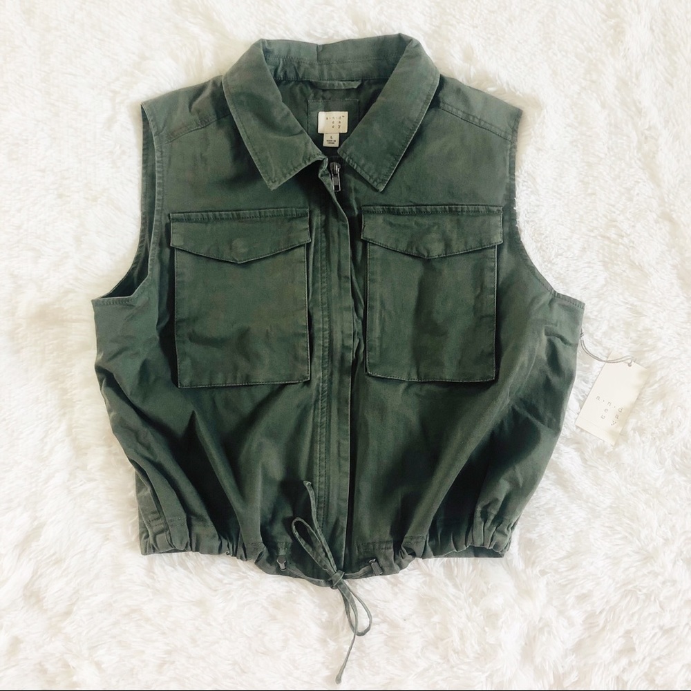 A New Day Lined Cropped Vest Army Olive Green